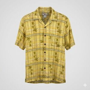Caribbean Joe Mens Shirt Rayon Tropical Yellow Plaid Hawaiian Camp Shirt M Beach